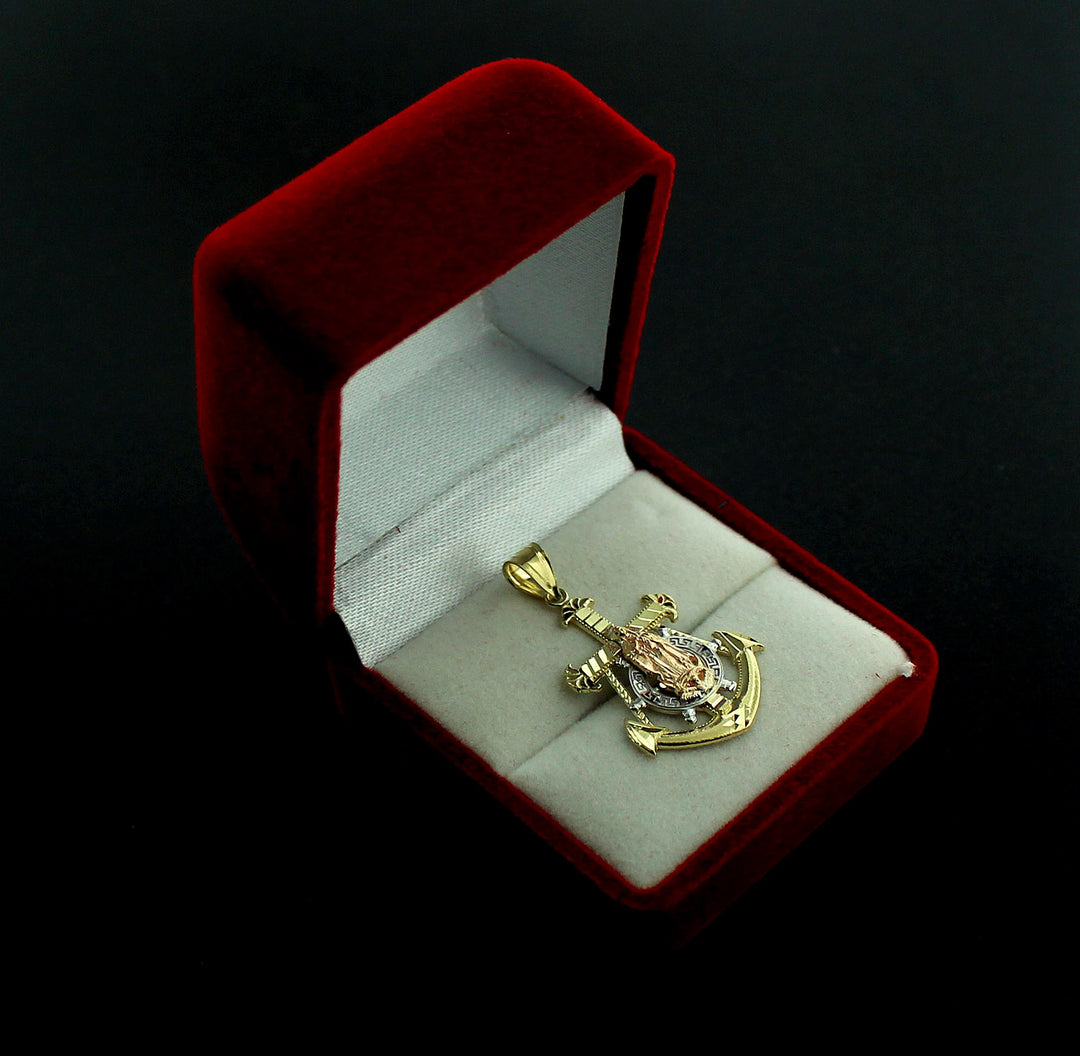 Real 10K Yellow Gold Diamond Cut Virgin Mary Anchor Cross Charm Pendant