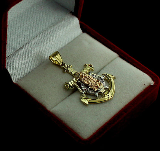 Real 10K Yellow Gold Diamond Cut Virgin Mary Anchor Cross Charm Pendant