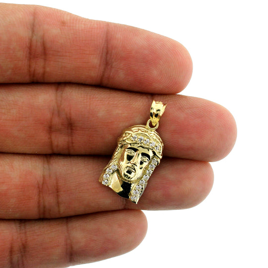 Mens 10K Solid Yellow Gold Jesus Face Head CZ Charm Pendant &amp; 2.5mm Rope Chain Necklace Set