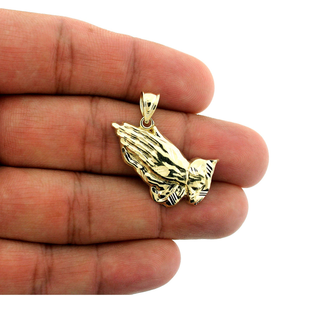 Mens 10K Yellow Gold Praying Hands Charm Pendant & 2.5mm Cuban Link Chain Necklace Set