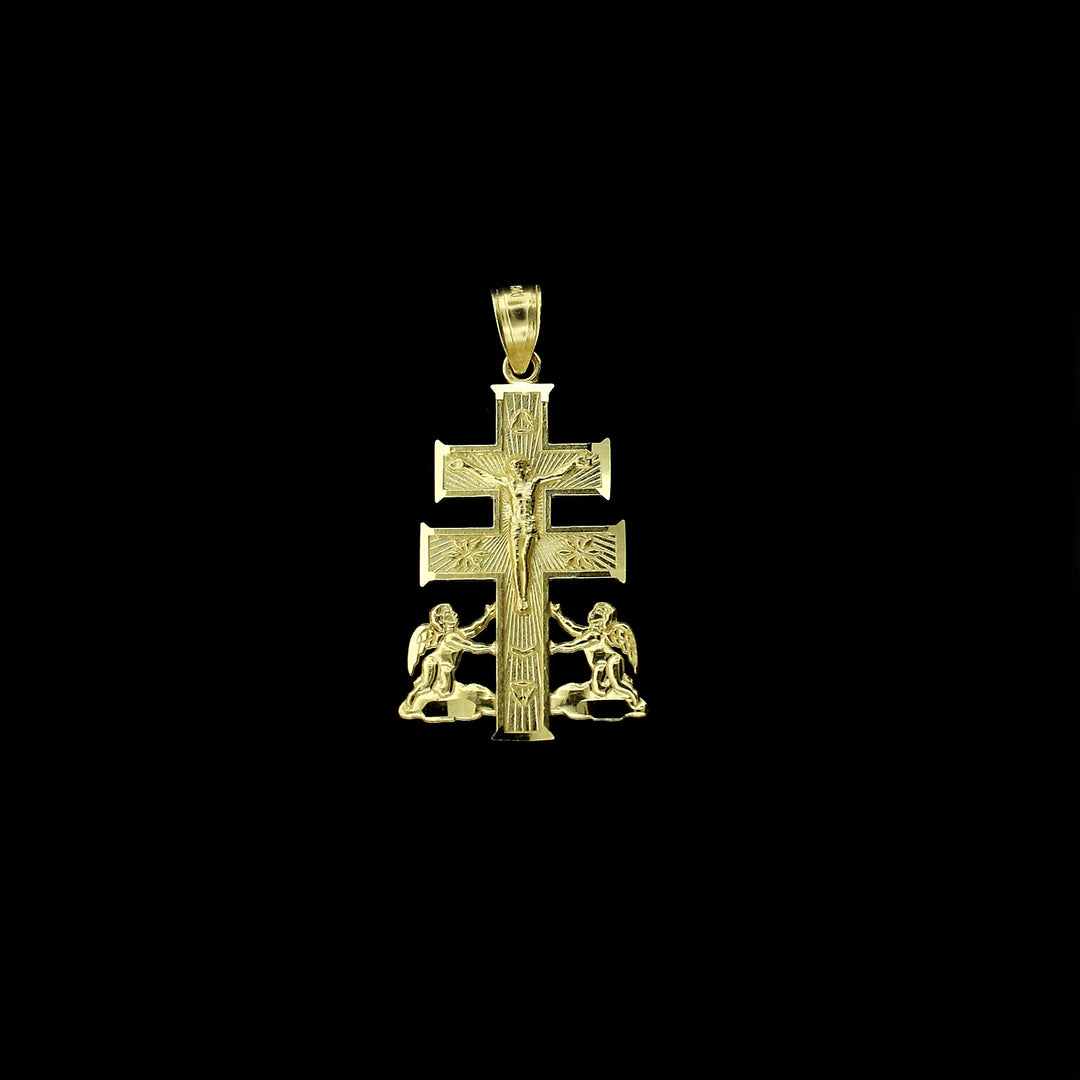 Mens 10K Yellow Gold Caravaca Cross Pendant Diamond Cut Crucifix Charm