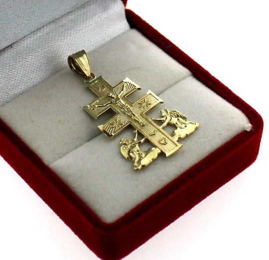 Mens 10K Yellow Gold Caravaca Cross Charm Pendant &amp; 2.5mm Rope Chain Necklace Set