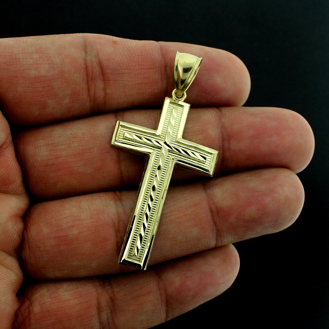 10K Yellow Gold Mens Cross Pendant Large Diamond Cut Jesus Charm, 10KT Real Gold