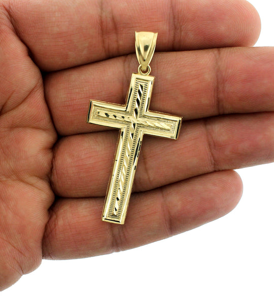 10K Yellow Gold Mens Cross Pendant Large Diamond Cut Jesus Charm, 10KT Real Gold