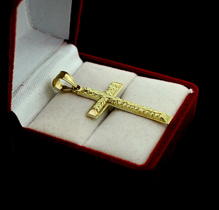Men's 10K Yellow Gold Nugget Cross Pendant Diamond Cut Charm 1.5" inch
