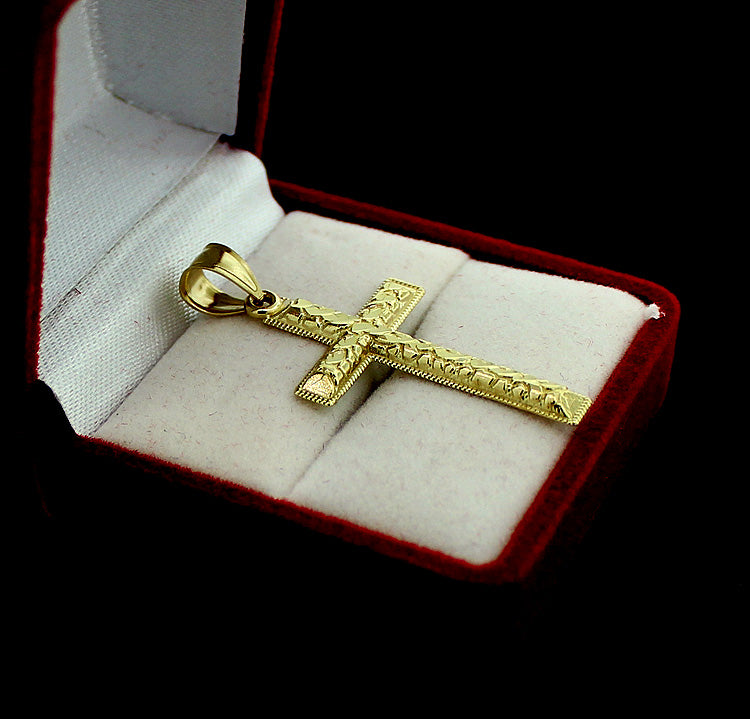 Mens 10K Yellow Gold Jesus Cross Charm Pendant Nugget &amp; 2.5mm Rope Chain Necklace Set
