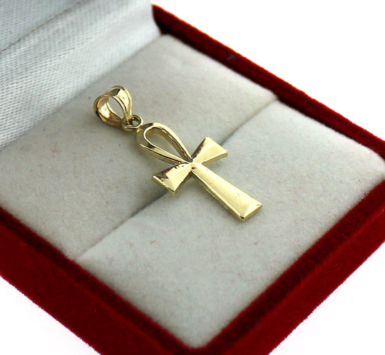 Real 10K Yellow Gold Egyptian Ankh Cross Pendant Diamond Cut Cross Charm