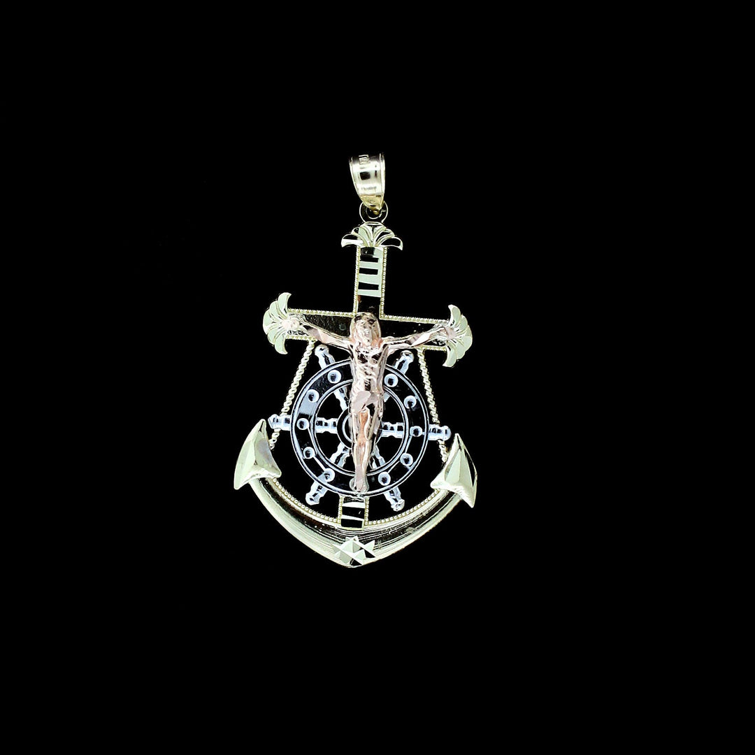 Mens 10K Yellow Gold Diamond Cut Jesus Crucifix Anchor Cross Charm Pendant