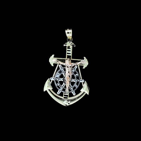 Mens 10K Yellow Gold Diamond Cut Jesus Crucifix Anchor Cross Charm Pendant