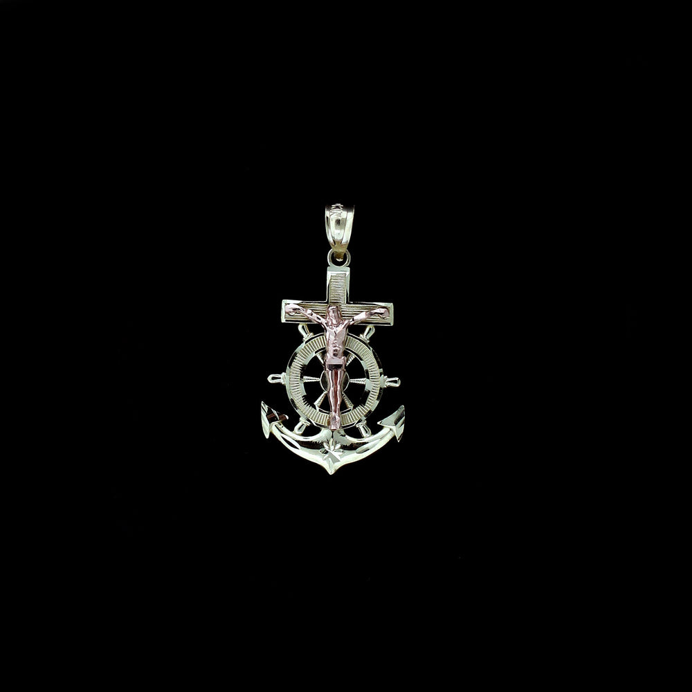 Mens Real 10K Yellow Gold Anchor Cross Pendant Diamond Cut Jesus Crucifix Charm