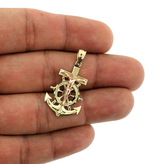 Mens Real 10K Yellow Gold Anchor Cross Pendant Diamond Cut Jesus Crucifix Charm