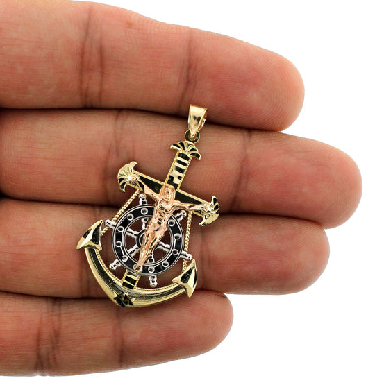 Mens 10K Yellow Gold Diamond Cut Jesus Crucifix Anchor Cross Charm Pendant
