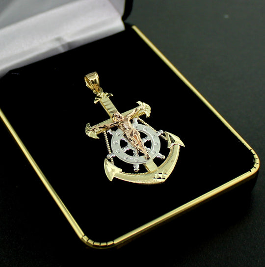 Mens 10K Yellow Gold Diamond Cut Jesus Crucifix Anchor Cross Charm Pendant