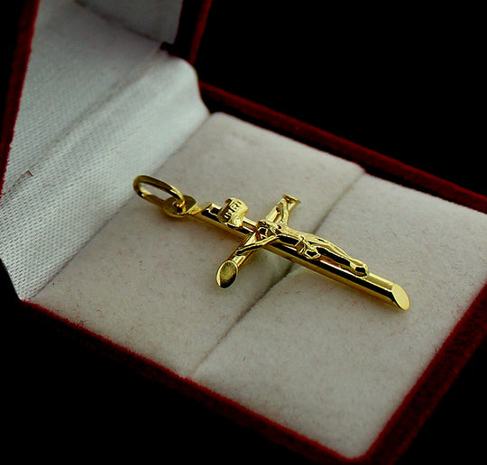 Real 10K Yellow Gold INRI Jesus Crucifix Cross Charm Pendant &amp; 2mm Rope Chain