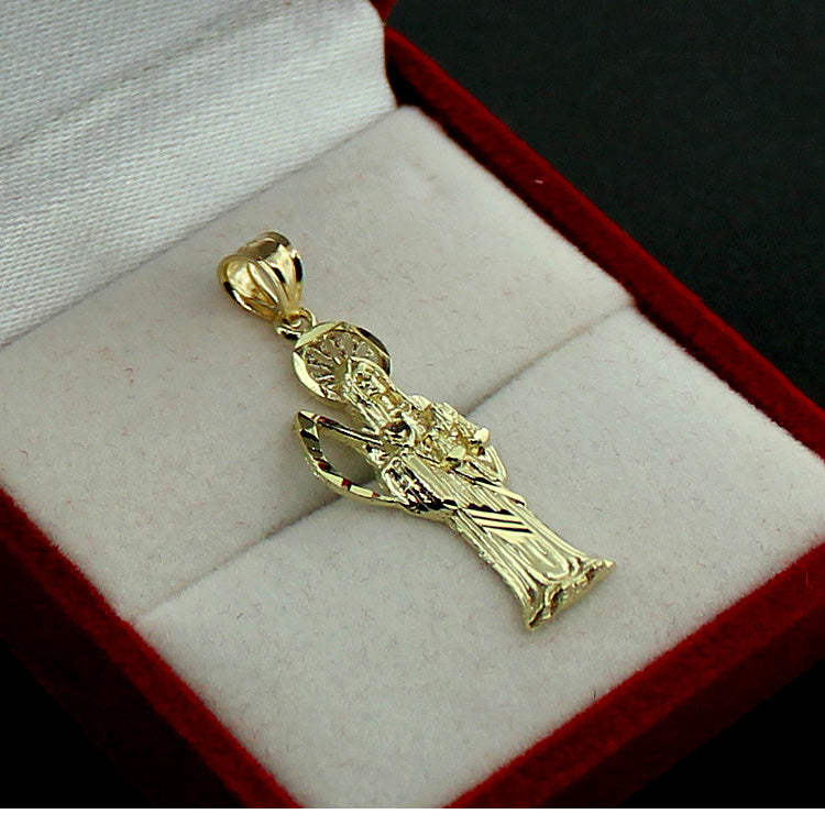 10K Yellow Gold Santa Muerte Grim Reaper Pendant &amp; 2mm Rope Chain Necklace Set