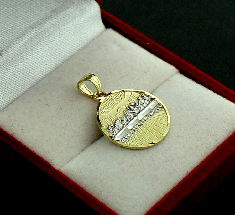Mens 10K Yellow Gold Last Supper Jesus Charm Pendant With 2mm Rope Chain Necklace Set