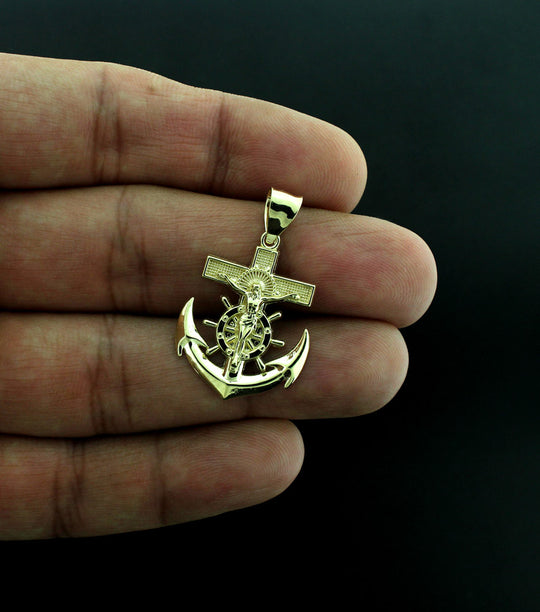 Mens 10K Yellow Gold Anchor Cross Pendant Diamond Cut Jesus Crucifix Charm, 10KT Real Gold