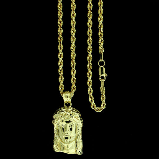 10K Solid Yellow Gold Jesus Face Head Charm Pendant With 2.5mm Rope Chain Necklace Set