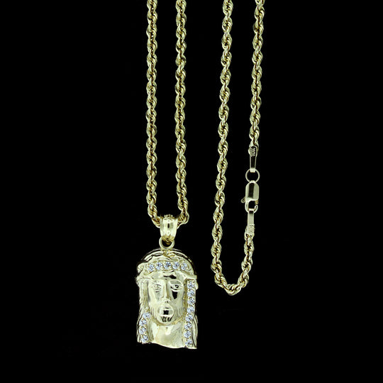 Mens 10K Solid Yellow Gold Jesus Face Head CZ Charm Pendant &amp; 2.5mm Rope Chain Necklace Set