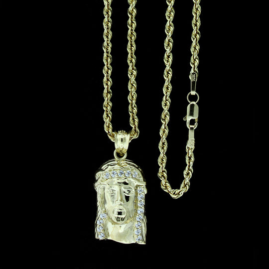 Mens 10K Solid Yellow Gold Jesus Face Head CZ Charm Pendant &amp; 2.5mm Rope Chain Necklace Set