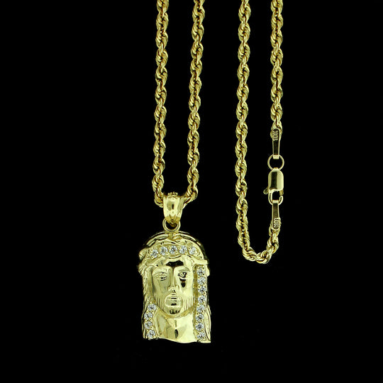 Mens 10K Solid Yellow Gold Jesus Face Head CZ Charm Pendant &amp; 2.5mm Rope Chain Necklace Set