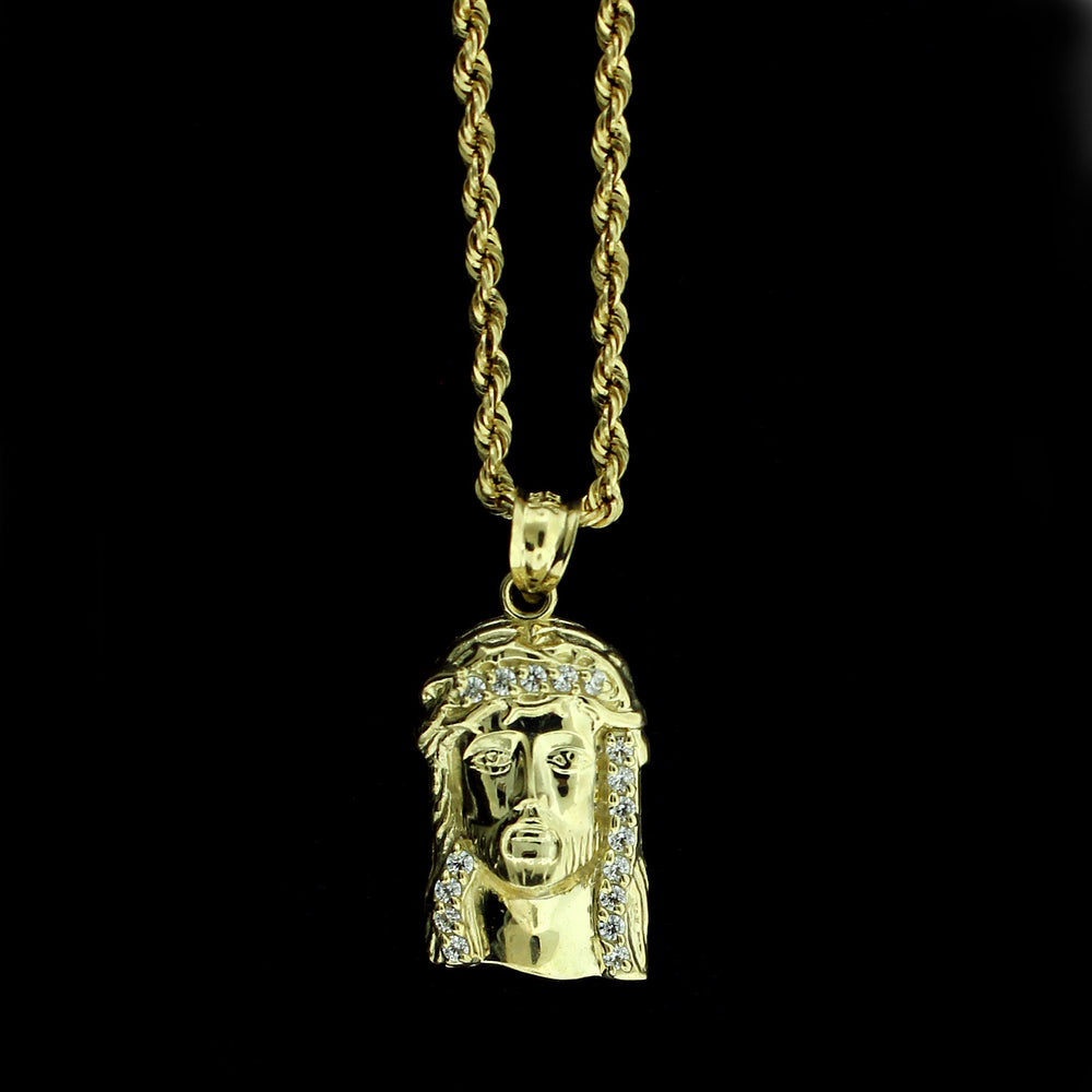 Mens 10K Solid Yellow Gold Jesus Face Head CZ Charm Pendant & 2.5mm Rope Chain Necklace Set