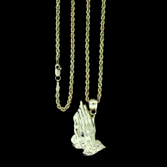 Mens 10K Yellow Gold Praying Hands Charm Pendant &amp; 2.5mm Rope Chain Necklace Set