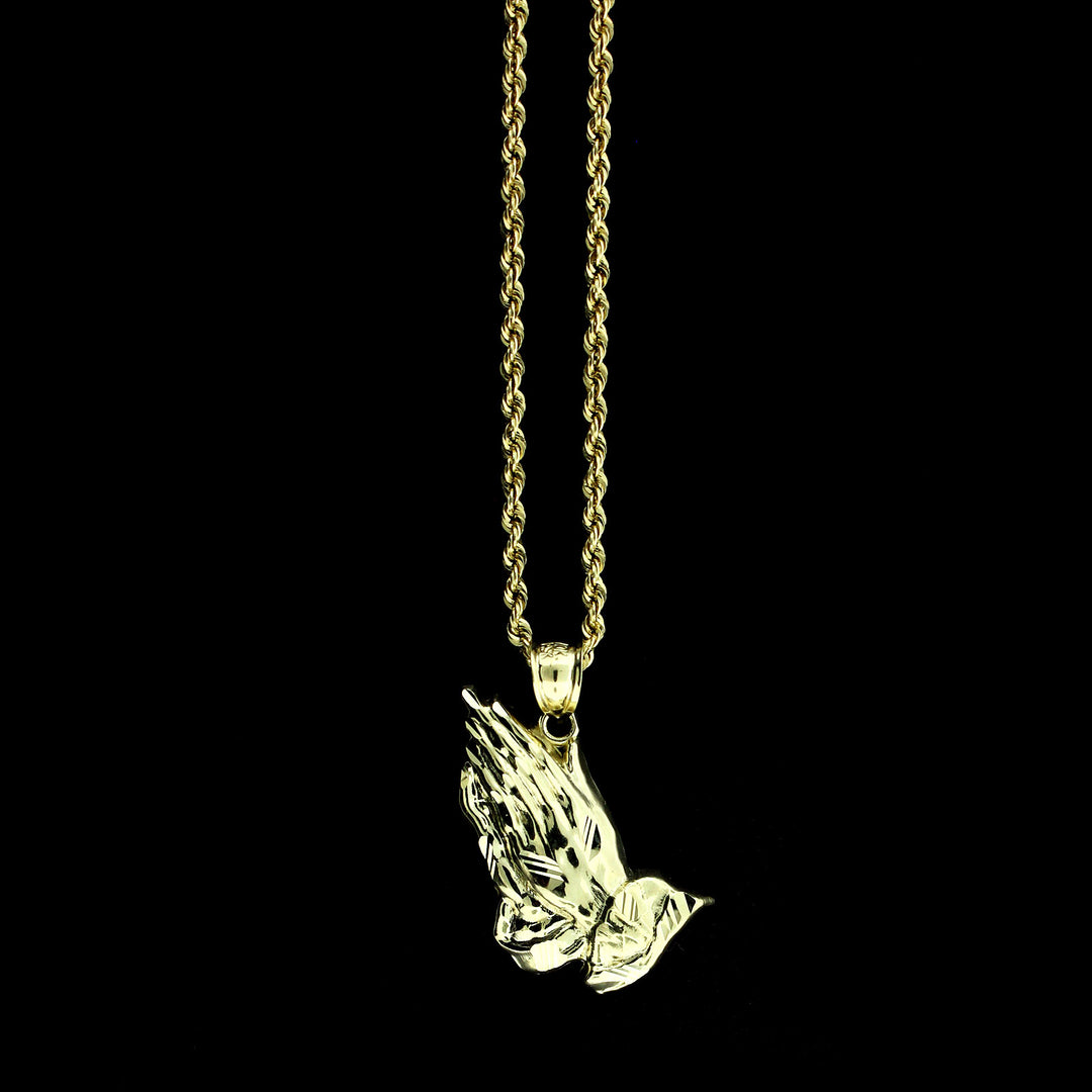 Mens 10K Yellow Gold Praying Hands Charm Pendant &amp; 2.5mm Rope Chain Necklace Set