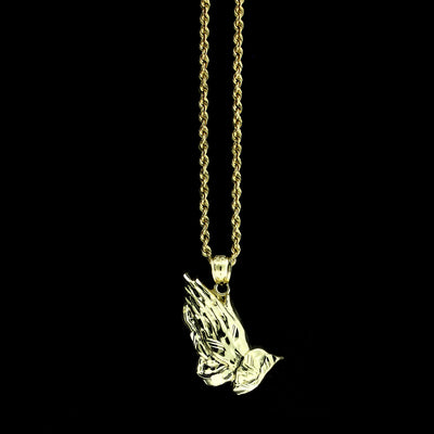 Mens 10K Yellow Gold Praying Hands Charm Pendant & 2.5mm Rope Chain Necklace Set