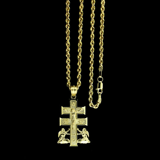 Mens 10K Yellow Gold Caravaca Cross Charm Pendant &amp; 2.5mm Rope Chain Necklace Set
