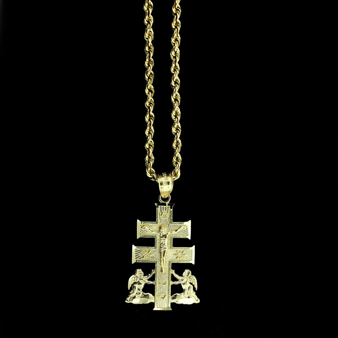 Mens 10K Yellow Gold Caravaca Cross Charm Pendant &amp; 2.5mm Rope Chain Necklace Set