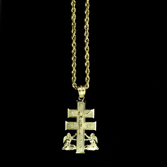 Mens 10K Yellow Gold Caravaca Cross Charm Pendant &amp; 2.5mm Rope Chain Necklace Set