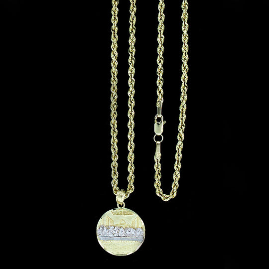 Mens 10K Yellow Gold Last Supper Jesus Charm Pendant With 2mm Rope Chain Necklace Set