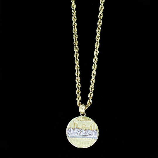 Mens 10K Yellow Gold Last Supper Jesus Charm Pendant With 2mm Rope Chain Necklace Set