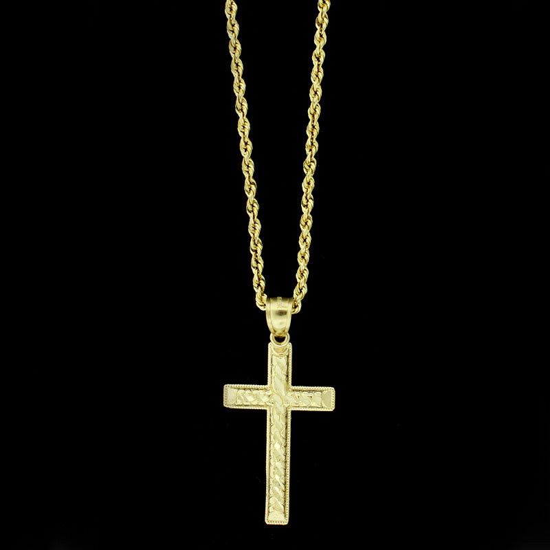 Mens 10K Yellow Gold Jesus Cross Charm Pendant Nugget & 2.5mm Rope Chain Necklace Set