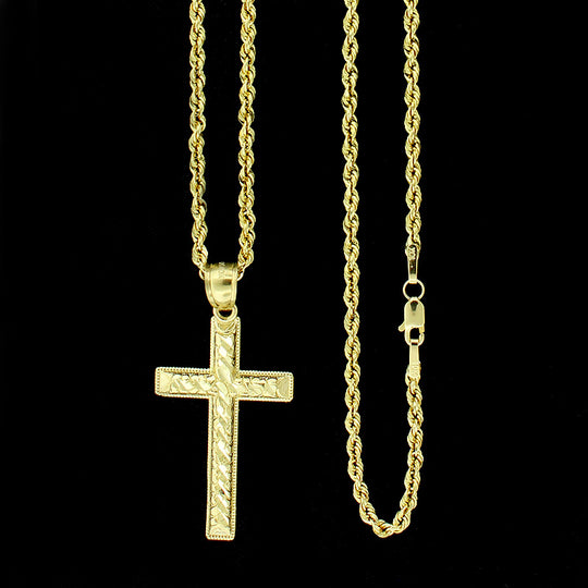 Mens 10K Yellow Gold Jesus Cross Charm Pendant Nugget &amp; 2.5mm Rope Chain Necklace Set