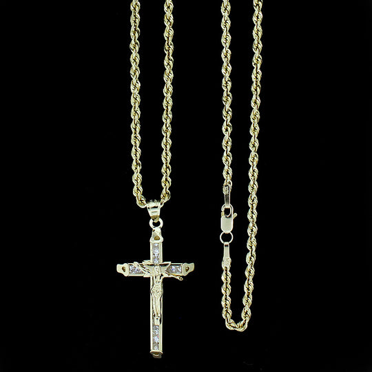 Mens 10K Yellow Gold Jesus Cross Charm Pendant &amp; 2.5mm Rope Chain Necklace Set