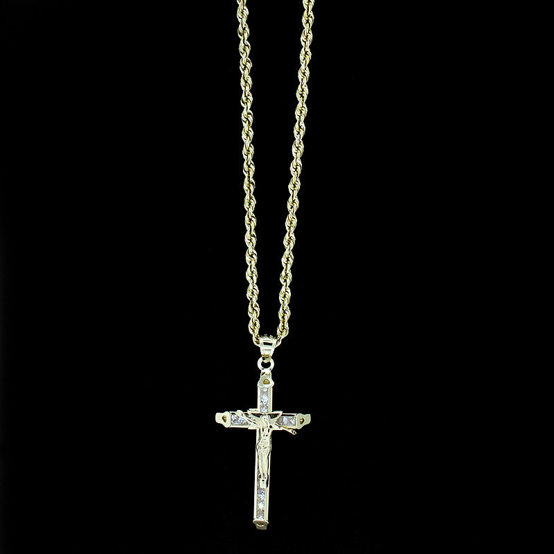 Mens 10K Yellow Gold Jesus Cross Charm Pendant &amp; 2.5mm Rope Chain Necklace Set