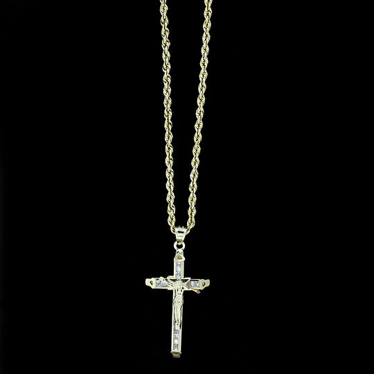 Mens 10K Yellow Gold Jesus Cross Charm Pendant &amp; 2.5mm Rope Chain Necklace Set