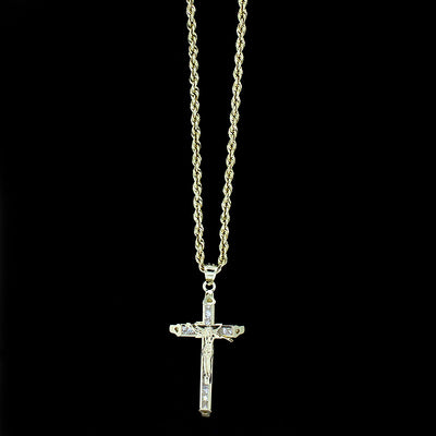 Mens 10K Yellow Gold Jesus Cross Charm Pendant & 2.5mm Rope Chain Necklace Set