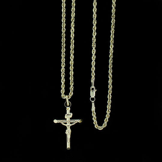 Real 10K Yellow Gold INRI Jesus Crucifix Cross Charm Pendant &amp; 2mm Rope Chain