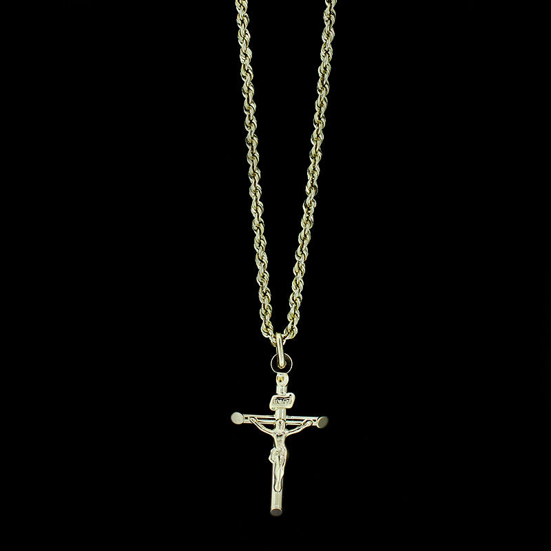 Real 10K Yellow Gold INRI Jesus Crucifix Cross Charm Pendant &amp; 2mm Rope Chain