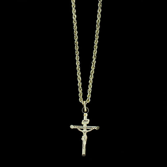 Real 10K Yellow Gold INRI Jesus Crucifix Cross Charm Pendant &amp; 2mm Rope Chain