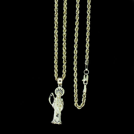 10K Yellow Gold Santa Muerte Grim Reaper Pendant &amp; 2mm Rope Chain Necklace Set