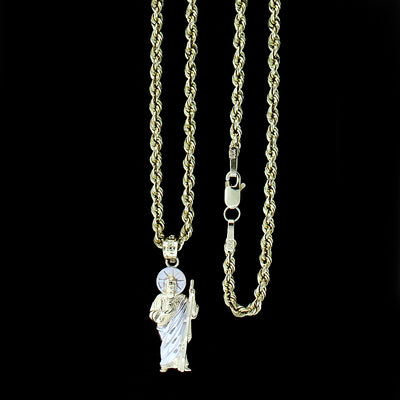 Mens 10K Yellow Gold Saint Jude San Judas Pendant With 2mm Rope Chain Necklace Set