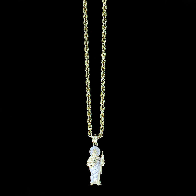 Mens 10K Yellow Gold Saint Jude San Judas Pendant With 2mm Rope Chain Necklace Set