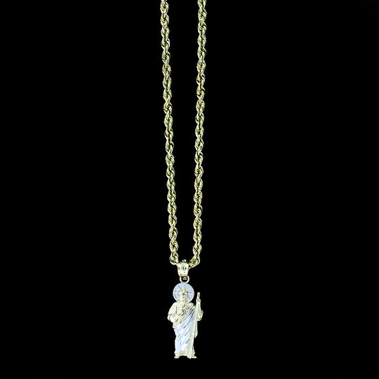 Mens 10K Yellow Gold Saint Jude San Judas Pendant With 2mm Rope Chain Necklace Set