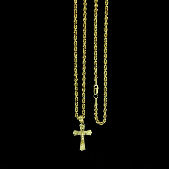 Real 10K Yellow Gold Jesus Cross Charm Pendant Diamond Cut &amp; 2mm Rope Chain