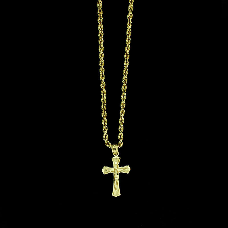 Real 10K Yellow Gold Jesus Cross Charm Pendant Diamond Cut &amp; 2mm Rope Chain