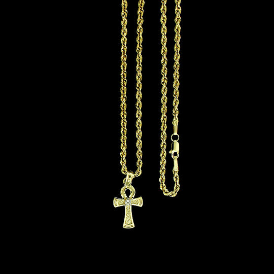 Mens Real 10K Yellow Gold Egyptian Ankh Cross Charm Pendant With 2mm Rope Chain Necklace Set